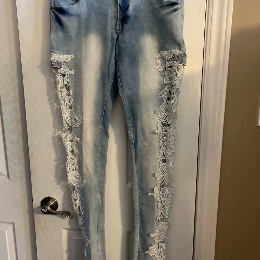Women's Light Blue Lace Trim Jeans